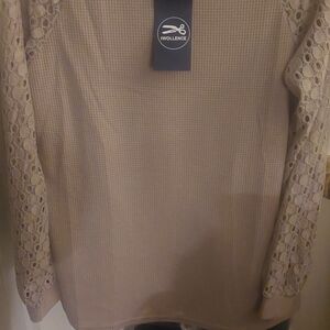 Women's Lace Sleeve Knit Top — Beige